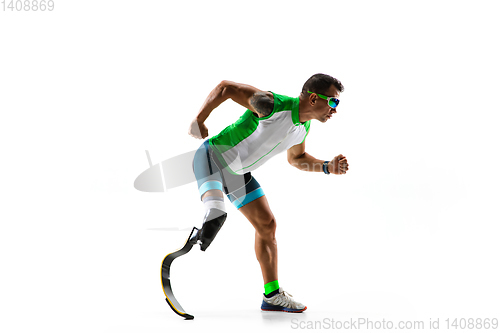 Image of Athlete disabled amputee isolated on white studio background