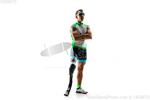 Image of Athlete disabled amputee isolated on white studio background