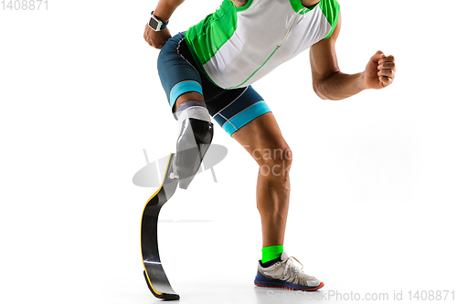 Image of Athlete disabled amputee isolated on white studio background