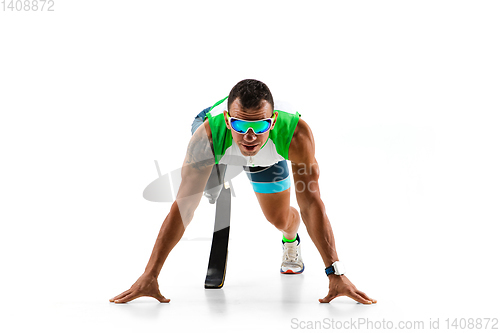 Image of Athlete disabled amputee isolated on white studio background