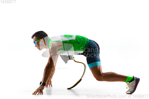 Image of Athlete disabled amputee isolated on white studio background