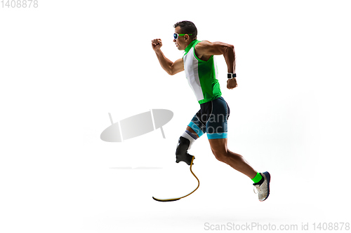 Image of Athlete disabled amputee isolated on white studio background