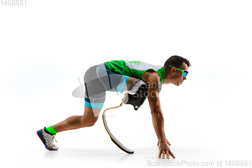 Image of Athlete disabled amputee isolated on white studio background