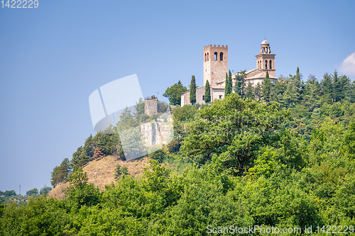 Image of historic church on a hill, Marche Italy