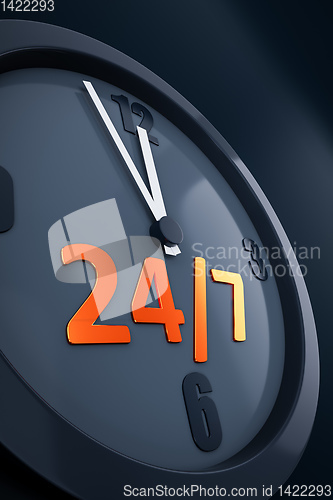 Image of clock with text 24/7