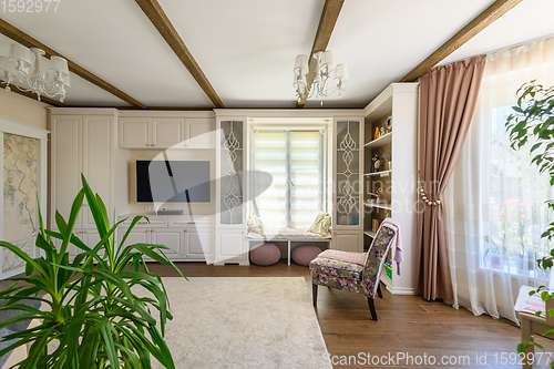 Image of Classic brown and white living room interior