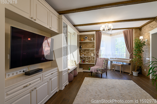 Image of Classic brown and white living room interior