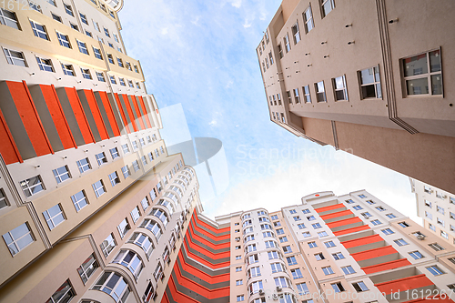 Image of Wide angle shot of brand new apartments buildings exterior