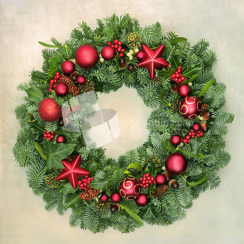 Image of Christmas Wreath with Winter Flora and Baubles