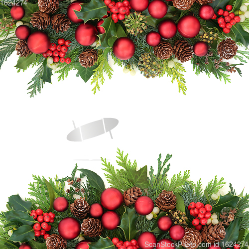 Image of Christmas Border with Bauble Decorations and Winter Greenery  