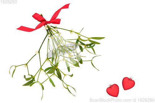 Image of Mistletoe Sprigs with Red Hearts and Bow