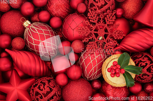 Image of Traditional Christmas Mince Pie and Red Bauble Background