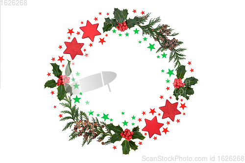 Image of Christmas Wreath with Stars and Winter Greenery 