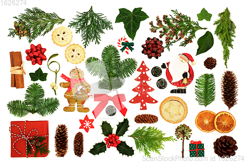 Image of Retro Symbols of Christmas with Baubles and Winter Greenery