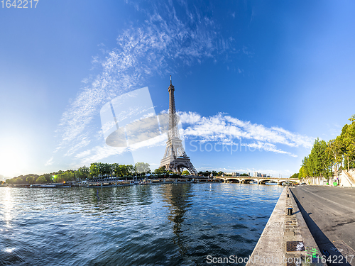 Image of Panorama of the Eiffel Tower and riverside of the Seine in Paris