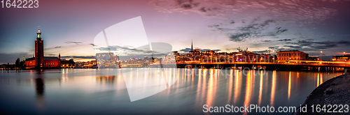 Image of Stockholm sunset skyline panorama with City Hall