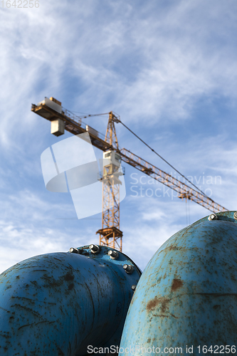 Image of Blue pipelines at construction site