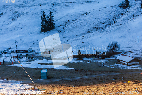 Image of Orphaned mountain pastures and ski lifts in a ski area