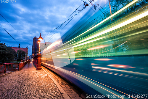 Image of Fast moving tram blurred light trail