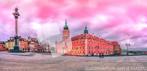 Image of Warsaw Royal Castle Square sunrise skyline, Poland