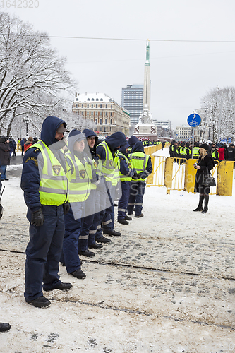 Image of Police cordon near Freedom monument in Riga