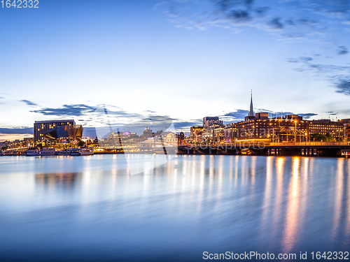 Image of Stockholm sunset skyline panorama with City Hall