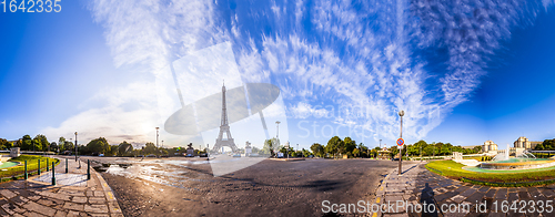Image of The Eiffel Tower seen from Pont d\'Iena in Paris, France. 360 degree panoramic view