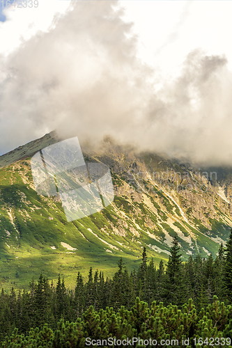 Image of Polish Tatra mountains summer landscape with blue sky and white clouds.