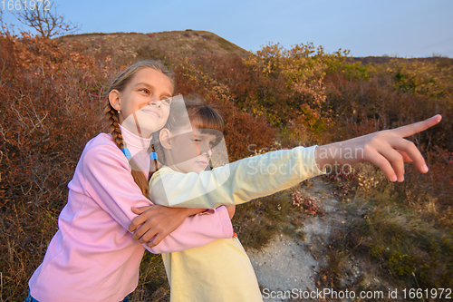 Image of The girl hugs her sister who points her finger into the distance