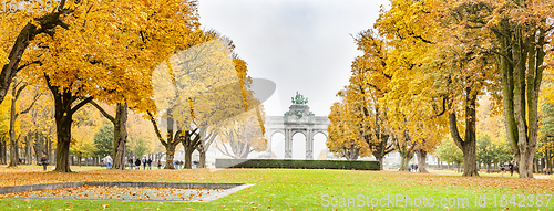 Image of Fall trees in Jubelpark and Triumphal Arch in Brussels, Belgium.