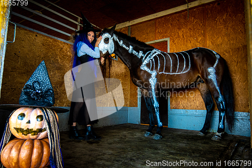 Image of A girl in a witch costume holds a horse by the bridle in a corral on a farm, a skeleton is painted on a horse in white paint