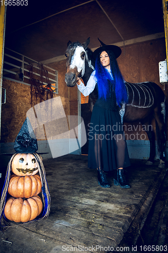 Image of A girl dressed as a witch happily hugs a horse in a corral, in the foreground an evil figure of pumpkins