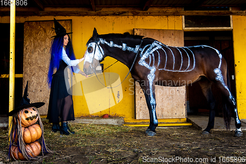 Image of A girl dressed as a witch took a horse out of a corral with a skeleton painted in white paint