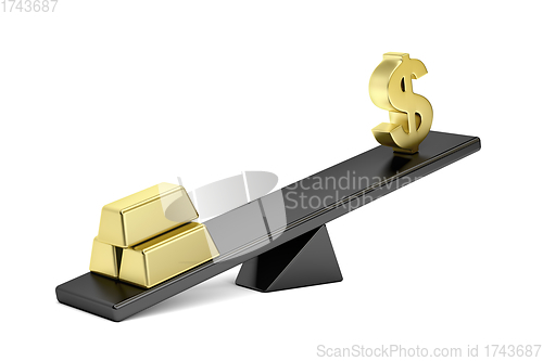 Image of Gold bars and dollar sign on seesaw