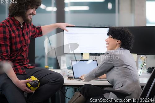 Image of software developers couple writing programming code