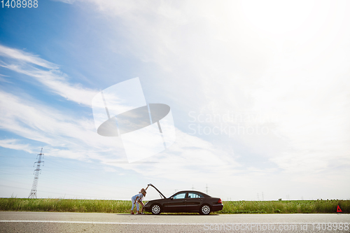 Image of Young lesbian\'s couple going to vacation trip on the car in sunny day