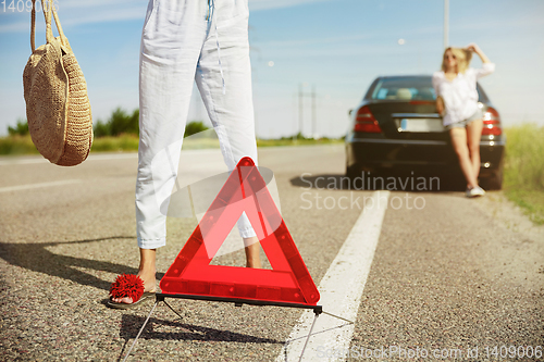 Image of Young lesbian\'s couple going to vacation trip on the car in sunny day