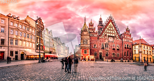 Image of Wroclaw Market Square with Town Hall during sunset evening, Pola