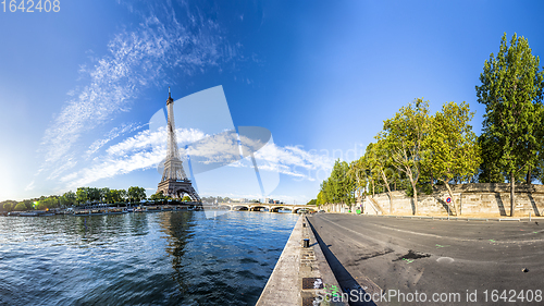 Image of Panorama of the Eiffel Tower and riverside of the Seine in Paris