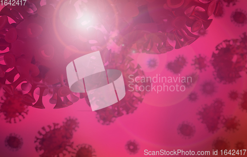 Image of Red COVID-19 virus background with lens flare