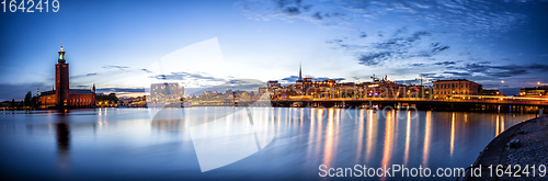 Image of Stockholm sunset skyline panorama with City Hall