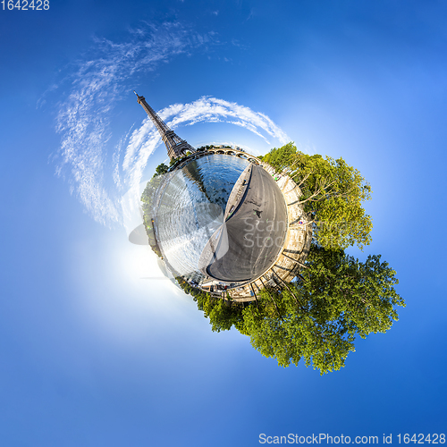 Image of Tiny planet of the Eiffel Tower and riverside of the Seine in Paris
