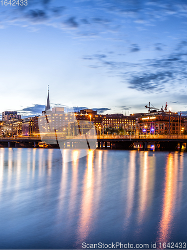 Image of Stockholm sunset skyline panorama with City Hall