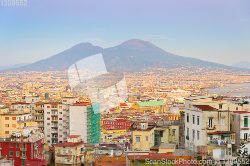 Image of Skyline Naples twilight Vesuvius Italy