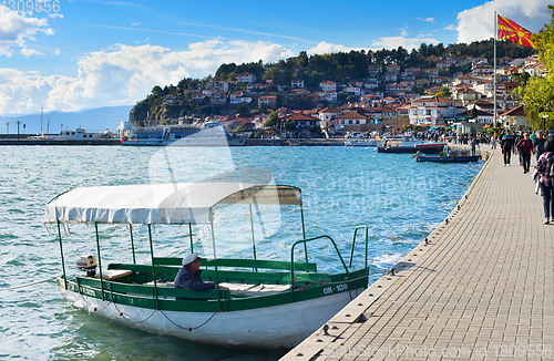 Image of Lake boat tourists. Ohrid, Macedonia