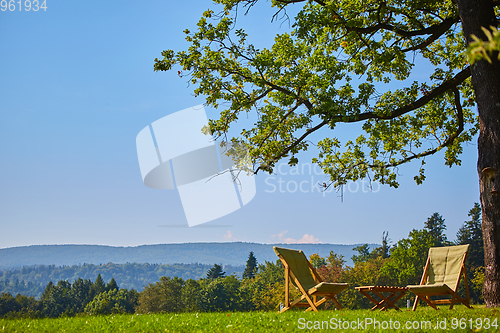 Image of Relax with wooden chair and table. Enjoy the view of garden forest