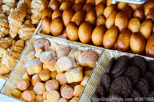 Image of variety of baked goods, bakery, photo icon for basic food, freshness and variety of goods