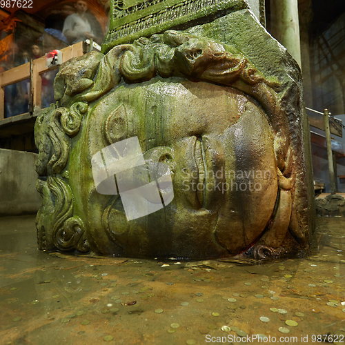 Image of Gorgon Medusa head in underground Basilica Cistern the largest ancient water reservoirs, Istanbul, Turkey