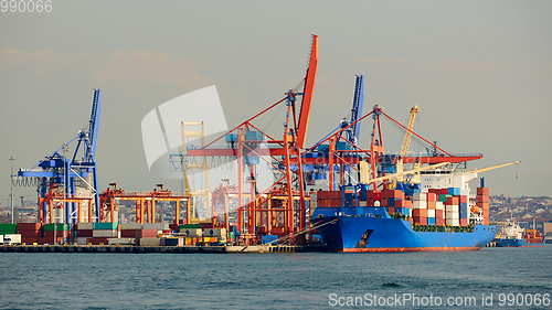 Image of Cargo sea port. Sea cargo cranes. Sea. Container ship.