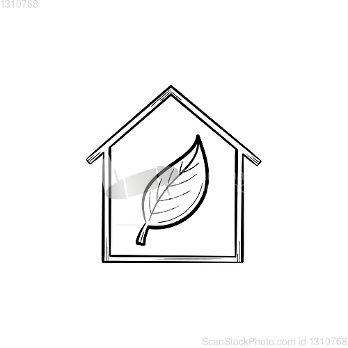 Image of Ecology friendly house with leaf hand drawn icon.